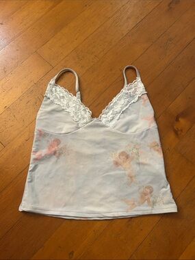 Omighty Lace Trim Angel Print Cami Top in Light Blue Y2K 90s